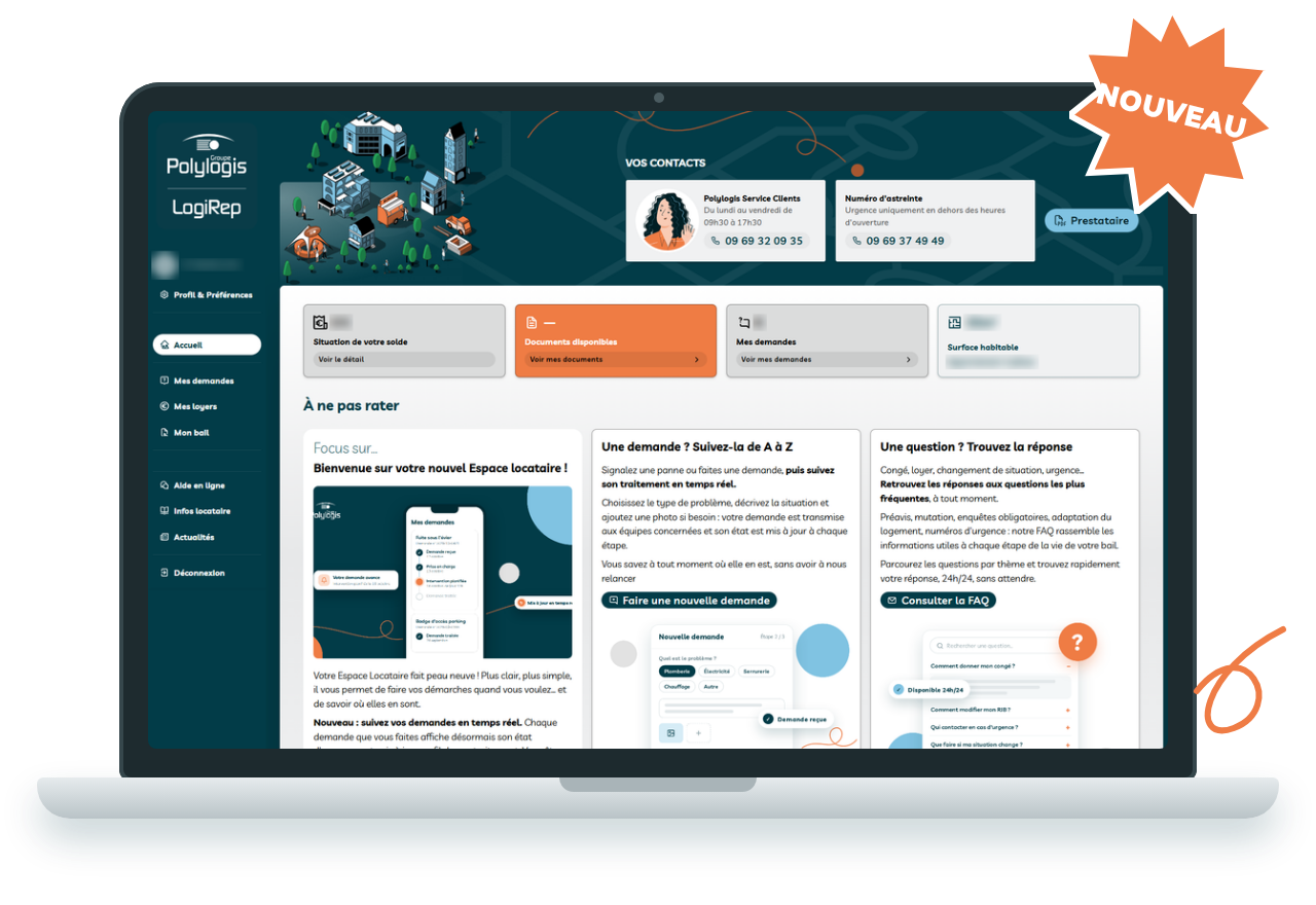 Le nouvel Espace Locataire affiché sur un ordinateur portable : la page d'accueil, avec vos contacts, votre solde, vos documents et vos demandes